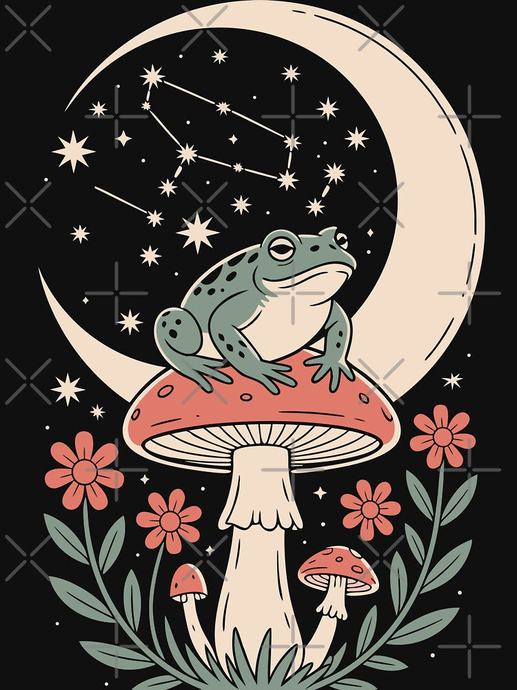 Frog sitting on a mushroom under a crescent moon and stars by Faissal Thomass
