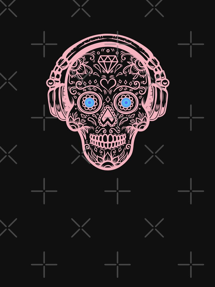 Peach Retro Sugar Skull with DJ Headphones by MusicMerchLab