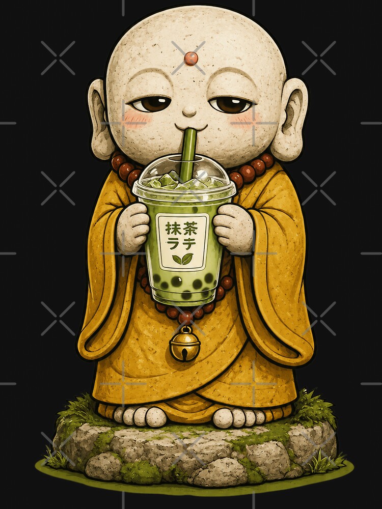 Jizō Drinking Matcha Bubble Tea | Japanese Guardian Statue Café Art by TheTrendsDesk