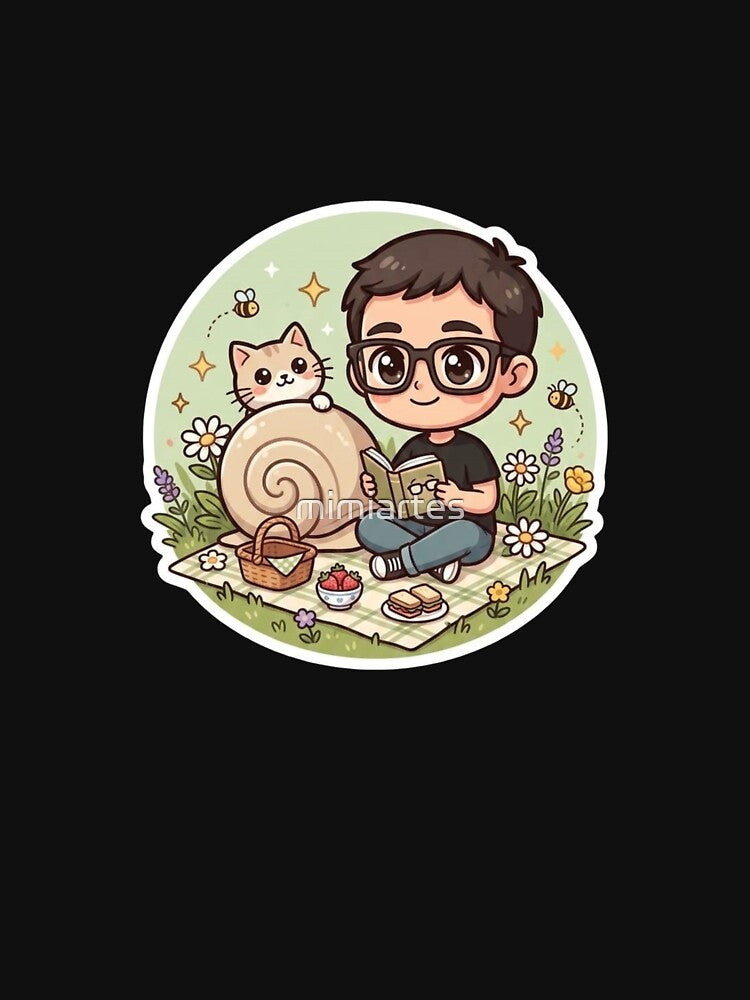 Boy Reading with Snail Cat Picnic Illustration by mimiartes