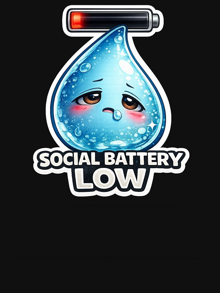 Social Battery Low | Cute Introvert Water Drop Sticker | 3D Cartoon Mascot by Timeless Junction