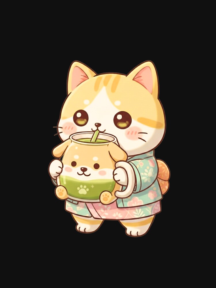 Kawaii Cat Drinking Matcha by SakuraVibes