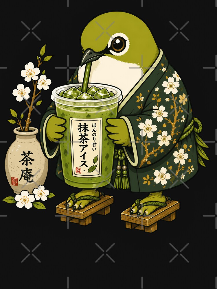 Mejiro Bird Drinking Iced Matcha | Cute Japanese White-eye Art by TheTrendsDesk