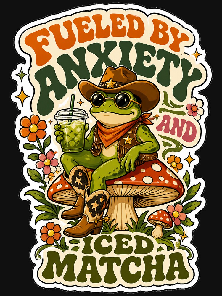 Fueled by anxiety and iced matcha Cute Frog Cowboy Retro by BeardWave