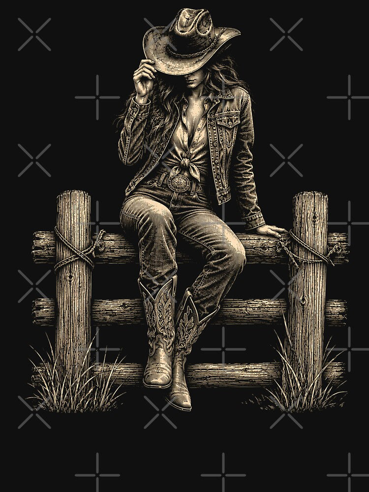 Cowgirl Sitting on Fence at Dusk Western Art by will freed18