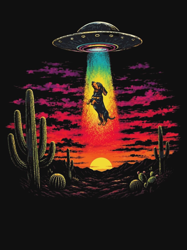 Funny Dachshund UFO Alien Abduction Desert Sunset by haitrieuic96