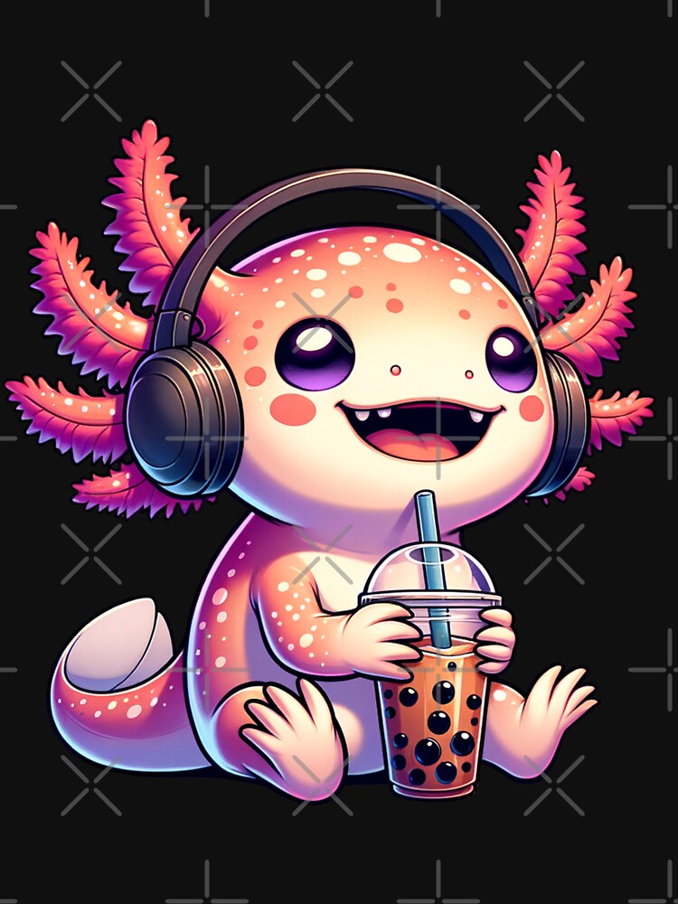 Cute Axolotl Listening To Muisc And Drinking Boba. Funny Axolotl And Boba Lover by ahmed2751989