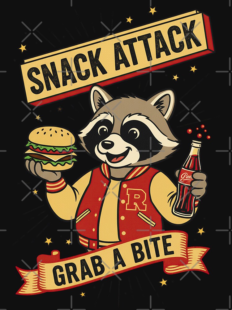 Snack Attack Retro Raccoon Varsity Burger Art by InkRebelprint