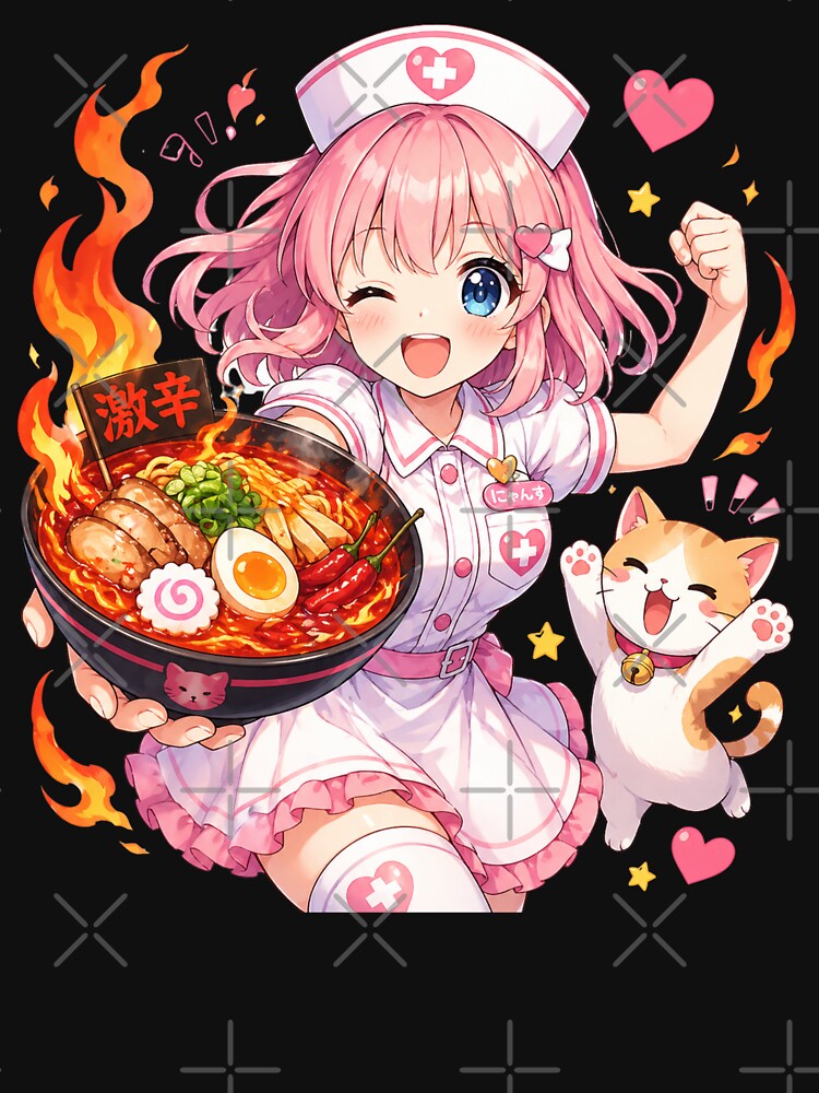 Cat Lover Funny Motivational Kawaii Strong Anime Nurse Eating Spicy Ramen Gift by Im-Ara