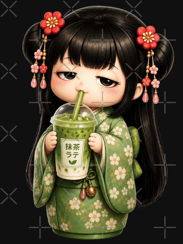 Kokeshi Girl Drinking Matcha Latte | Cute Japanese Café Illustration by TheTrendsDesk