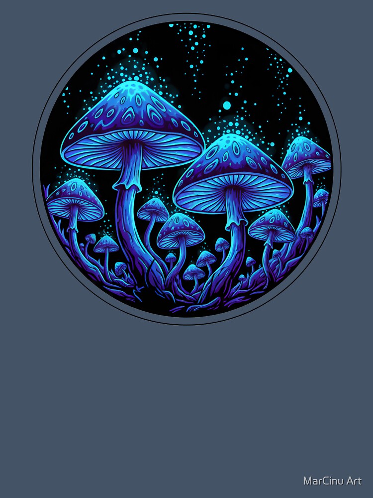 Psychedelic Neon Blue Magic Mushrooms Glowing Fantasy Fungi by MarCinu Art