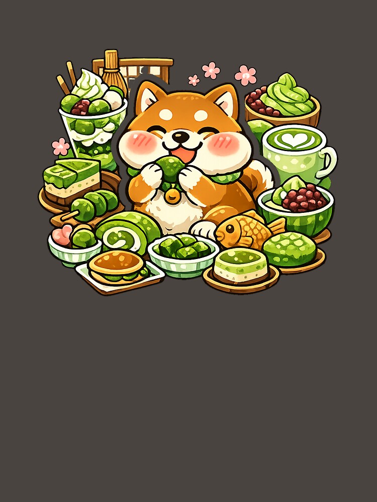 Kawaii Shiba Inu Surrounded by Matcha Sweets Sticker | Kyoto Japanese Cafe Aesthetic by kawaii animal store (in Japan)