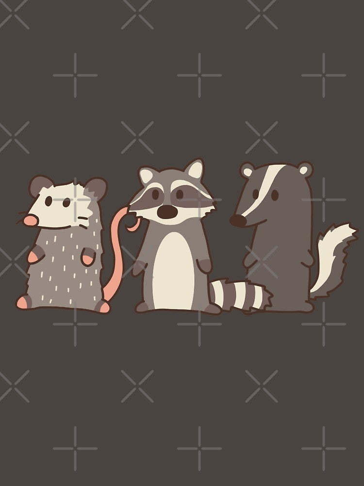 raccoon, opossum & skunk woodland friends by Claudia McQuilkin