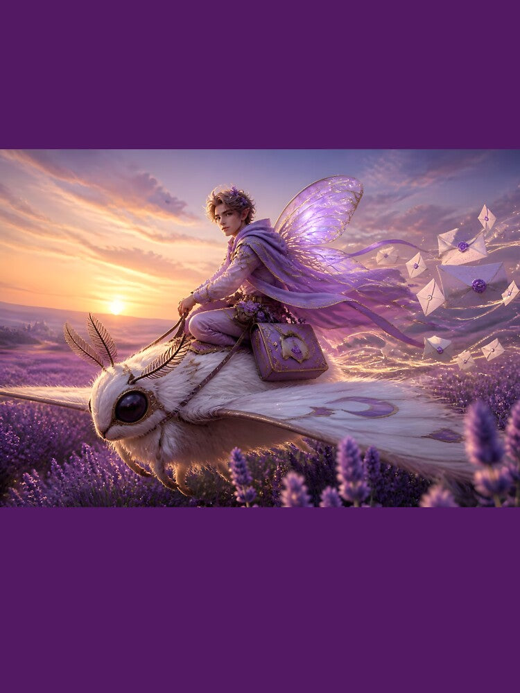 Fairy Courier Riding White Moth Over Lavender Fields by sigmaartstudio