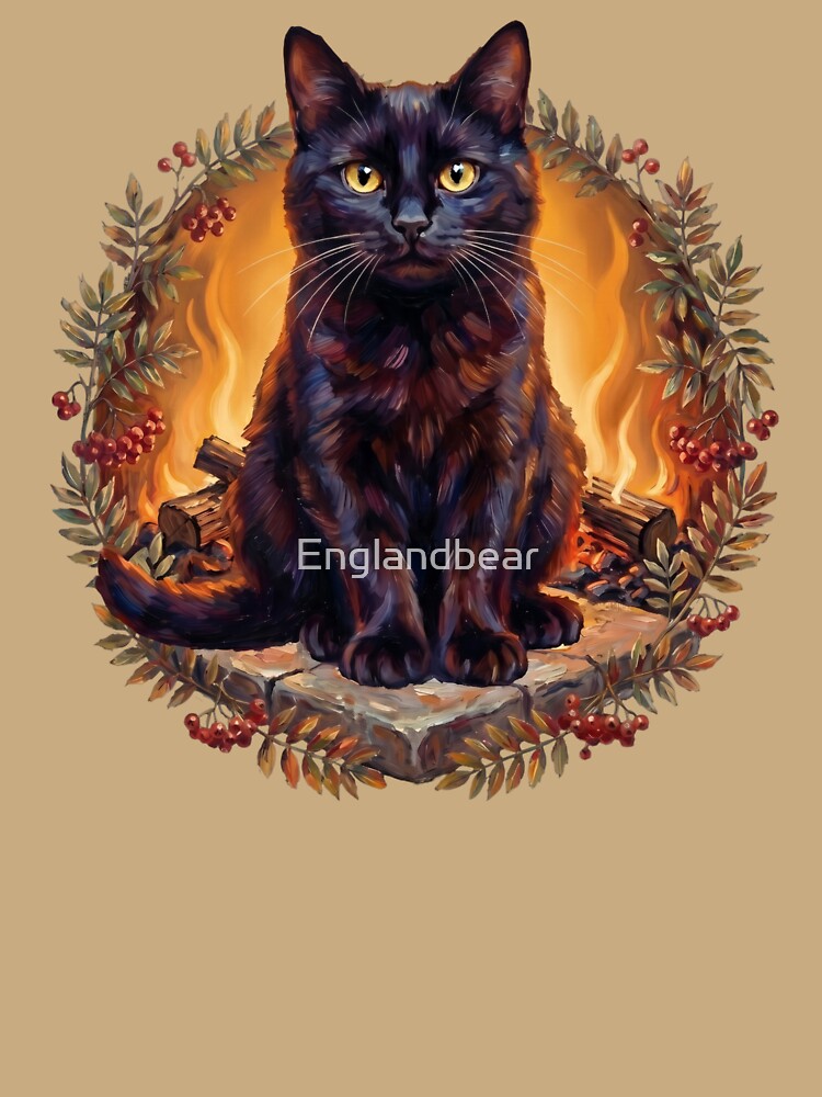 Lucky Black Cat & Cosy Fireplace | Whimsigoth Folklore Art by Englandbear
