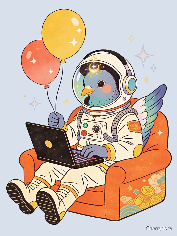 The Chill Astronaut Pigeon: Vintage Retro Spaceman Working on Laptop Aesthetic Art by Cherrydora