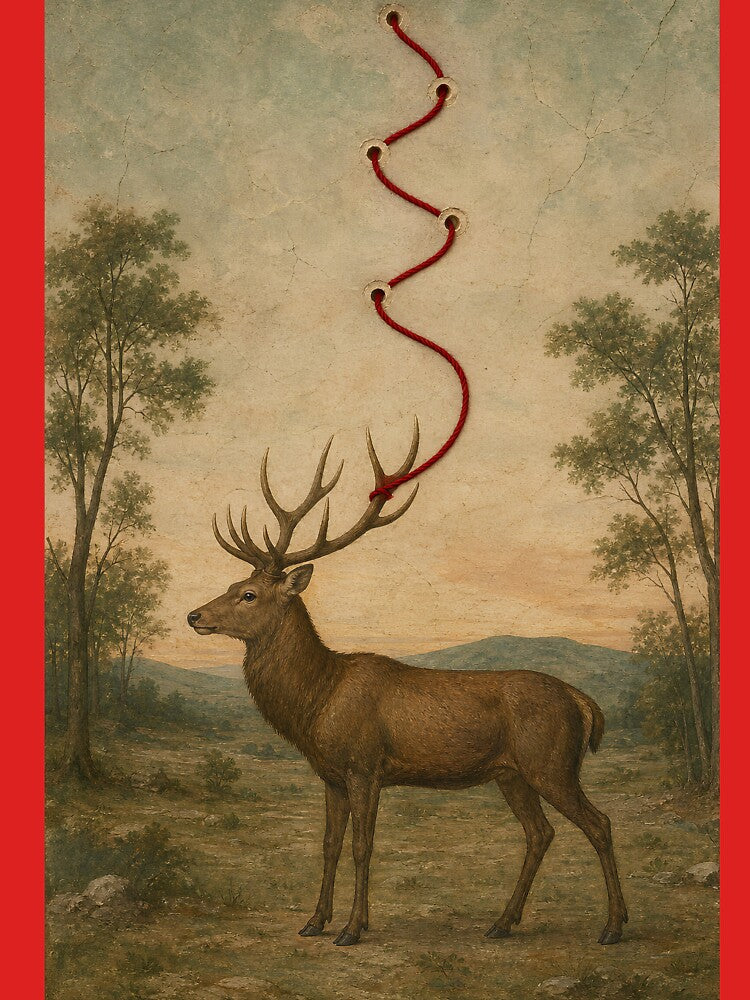 Red Thread Stag Vintage Forest Painting by ALShammari965