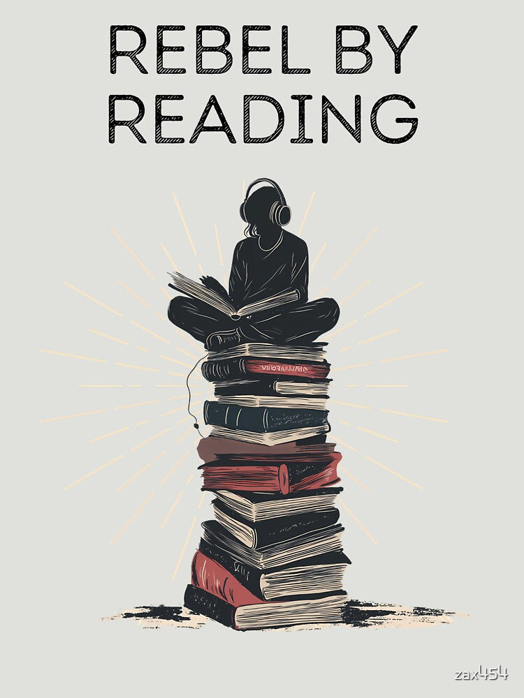 Intellectual Freedom Design - Person on Banned Books Stack with Headphones by zax454