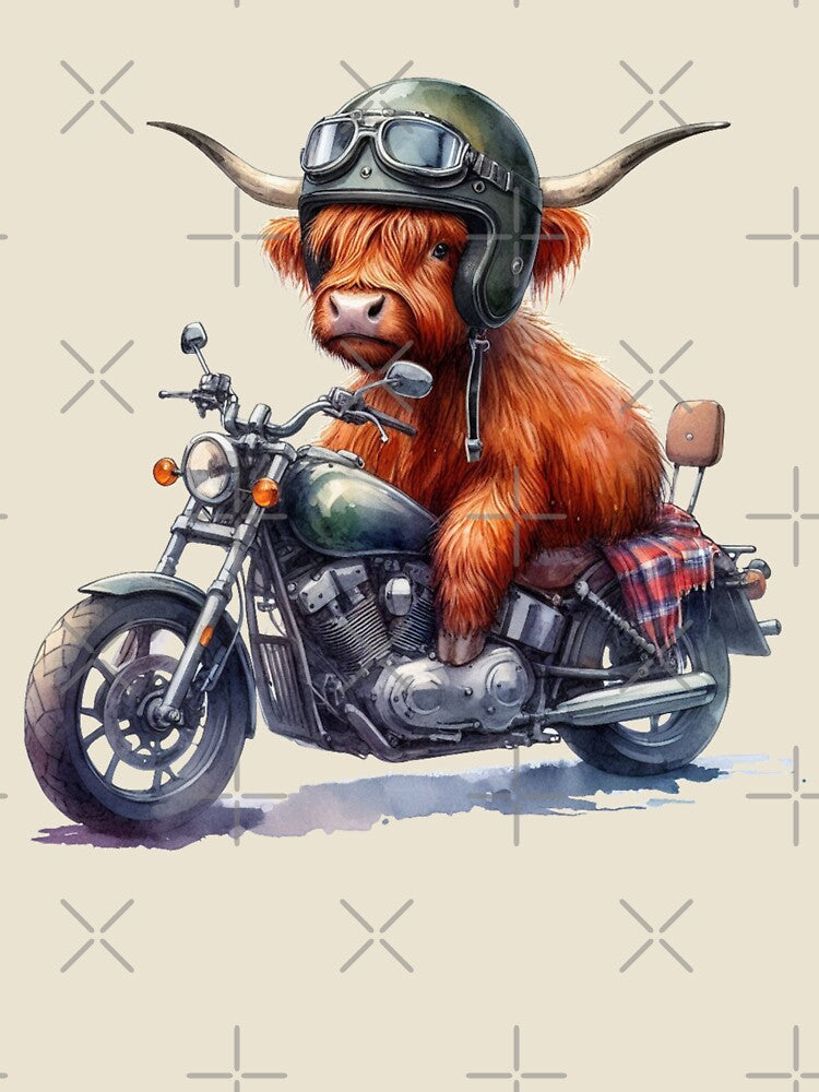 Cool Scottish Highland Cow on a Motorbike Colorful Watercolor by MaedK