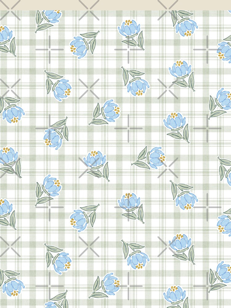 Cottage Blue Flowers On Gingham Checkered Grid In Blue And Green by EliveraDesigns