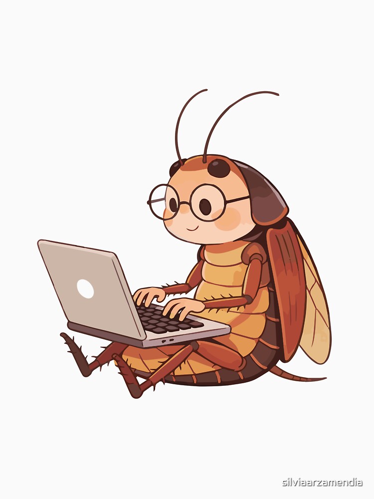 Cockroach Working on Laptop - Kawaii Home Office Bug by silviaarzamendia