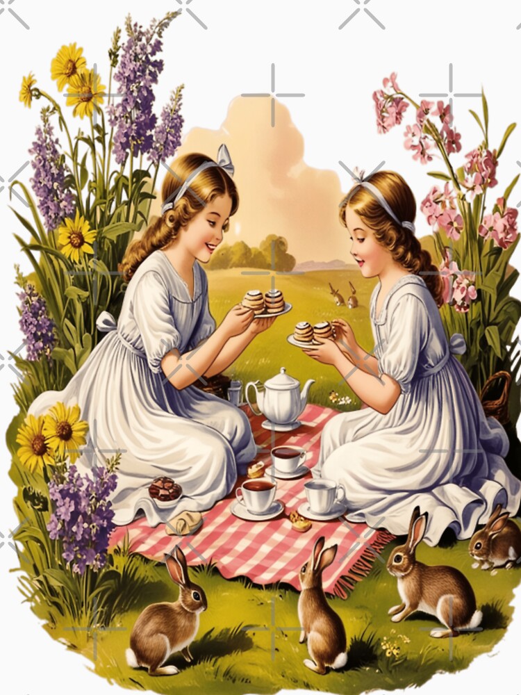 Wildflower Picnic Wall Art – Storybook Tea Sisters with Bunnies Print by ArtFreshStudio