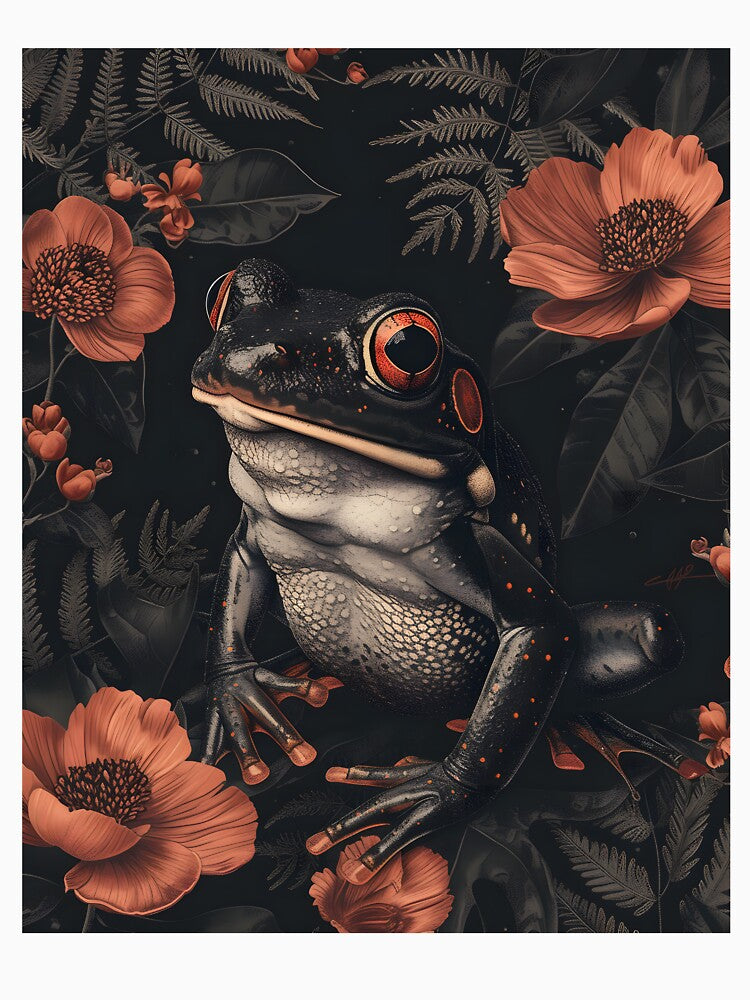 Dark frog with red flowers - dark cottagecore academia aesthetic by Fantasy Cache
