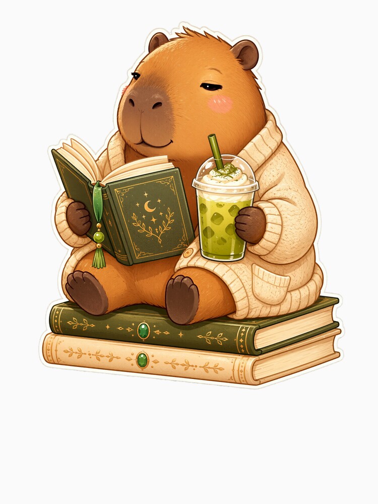 Unbothered Capybara Reading With Iced Matcha Cozy Book Lover Sticker by miubiyori