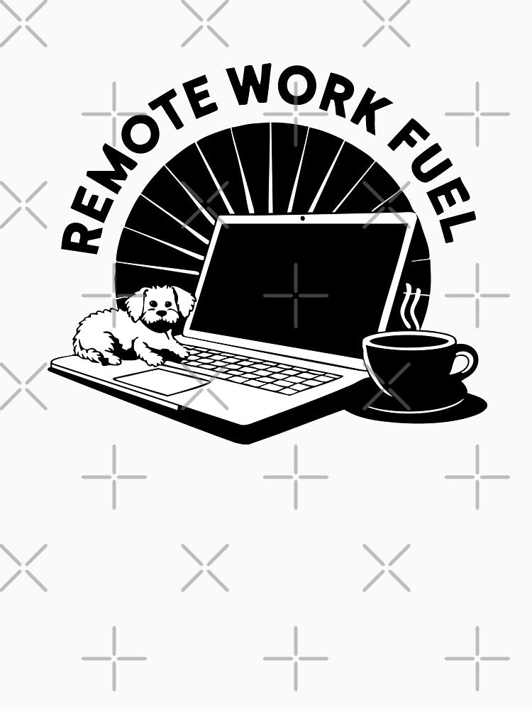 B&W Remote Work Fuel – Laptop, Coffee, and Cute Dog Illustration by CrownedCanvas