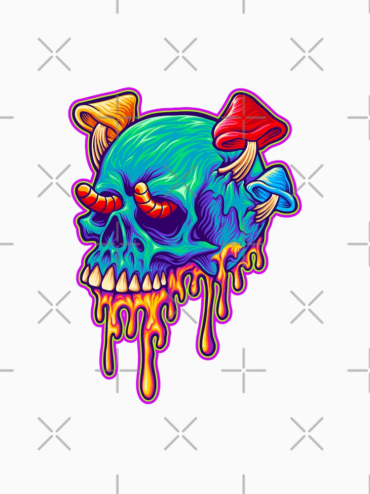 Psychedelic Melted Skull Mushrooms - Trippy Dripping Skull Art - Neon Shroom Design by leen12 Art Designs Prints
