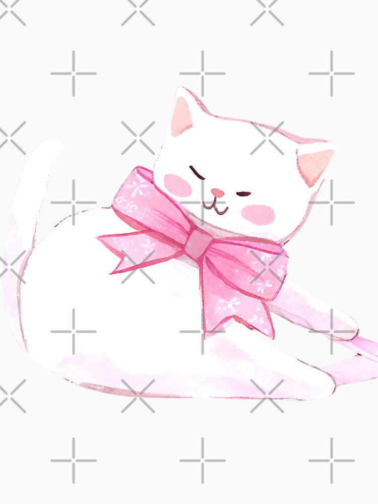 White Cat with Pink Ribbon Bow by violetxm