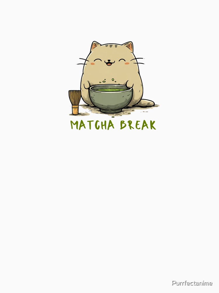 Matcha Break – Kawaii Cat Enjoying Green Tea Illustration by Purrfectanime