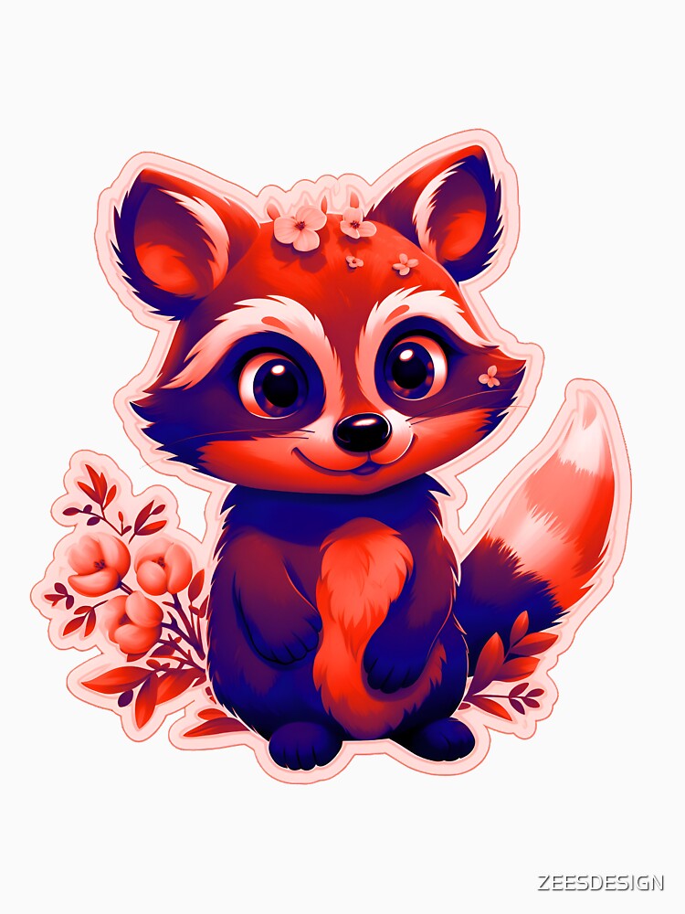 Red And Dark Blue Flower Raccoon Shirt and sticker design by Zeesdesign by ZEESDESIGN