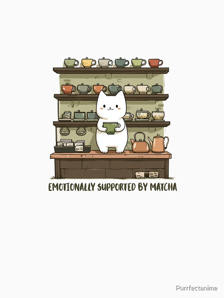 Emotionally Supported by Matcha – Kawaii White Cat Tea Lover Illustration by Purrfectanime