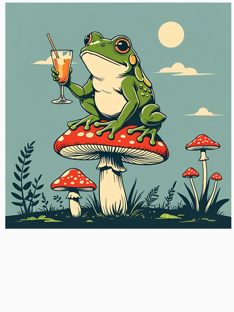 Retro Style Frog On The Mushroom Drinking Cocktail by Frogs&Waters
