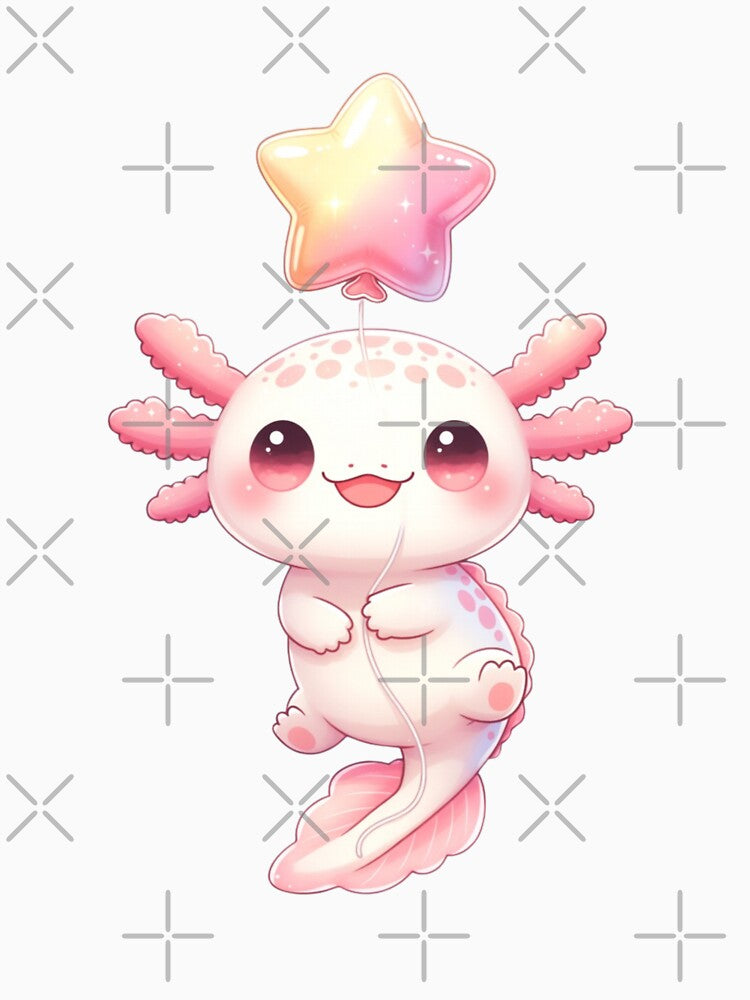 Cute Pink Axolotl With Star Balloon Fantasy Cloud Kawaii Creature by GrumpySableye