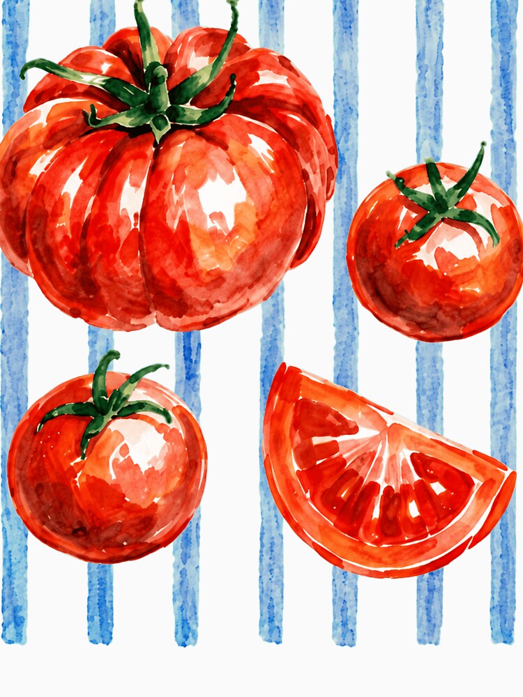 Summer Watercolor Tomatoes Blue Stripes by Retro Moon Studio