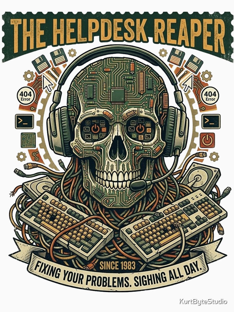 Helpdesk Never Sleeps  Vintage IT Support Skull by KurtByteStudio