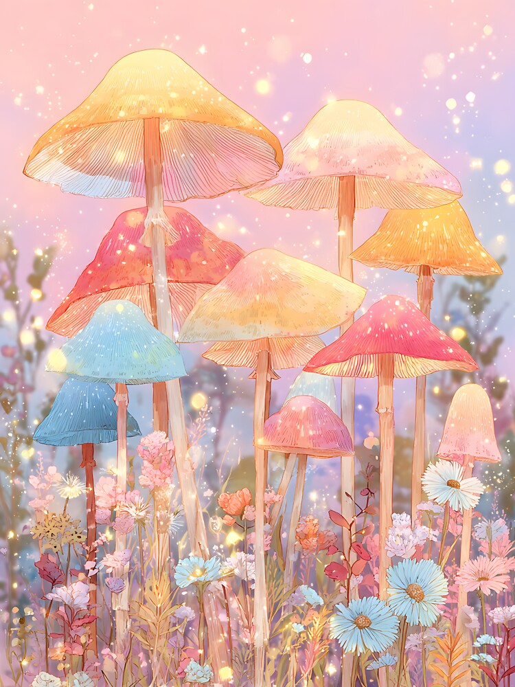Light Whimsical Pastel Mushrooms & Flowers by MedicinalMushies
