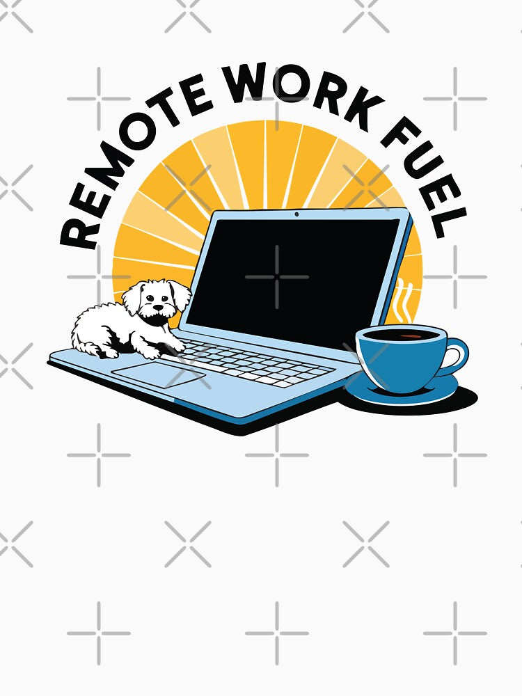 Remote Work Fuel – Laptop, Coffee, and Cute Dog Illustration by CrownedCanvas