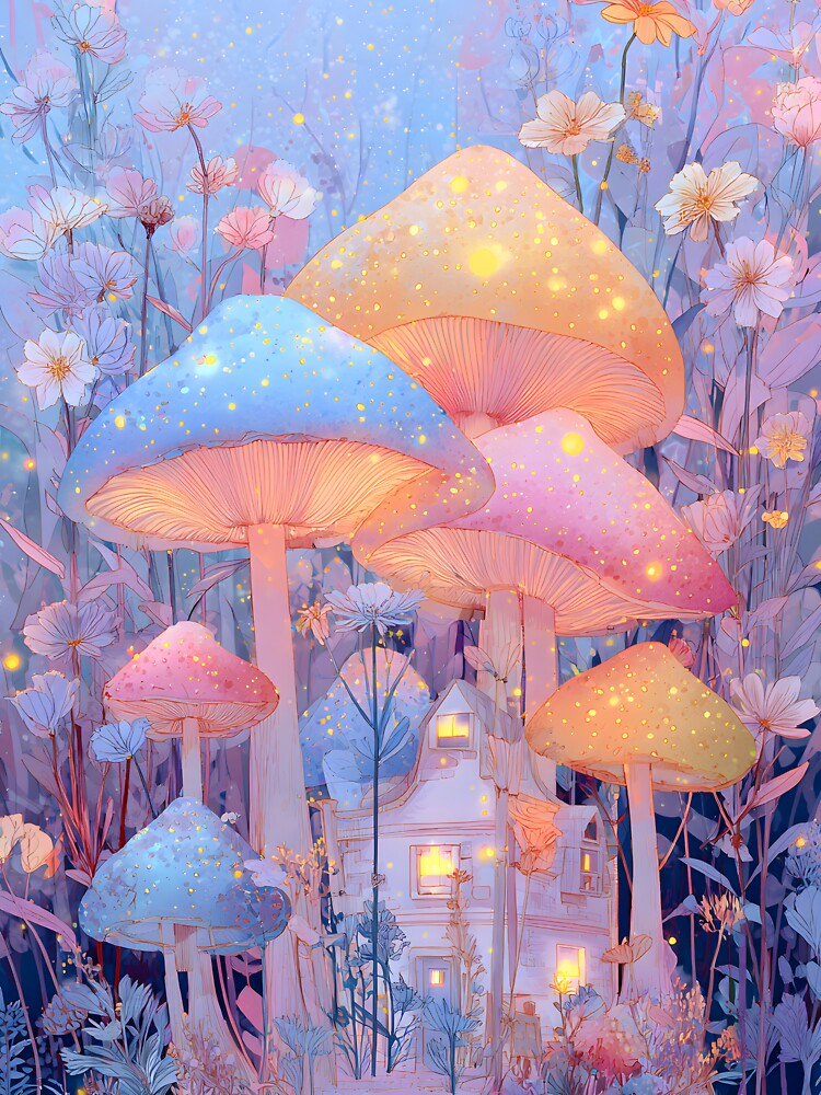 Light Whimsical Pastel Fairy House, Mushrooms & Flowers by MedicinalMushies