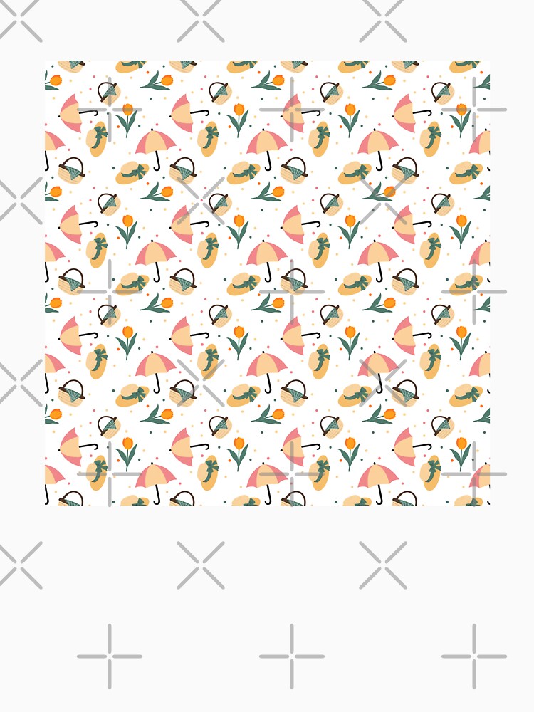Spring Flat Style Pattern — Straw Hat, Umbrella, Tulips & Picnic Basket in Peach & Teal by DonnaRaine