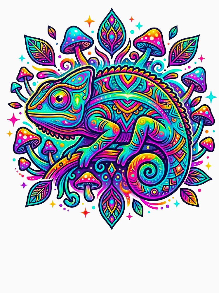 Psychedelic Neon Chameleon Trippy Mushroom Mandala Art by MT-Hub | Art for Every Soul