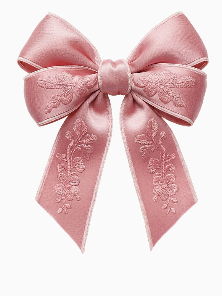 Vintage Pink Embroidered Satin Bow – Floral Coquette Aesthetic by BowbinaStudio
