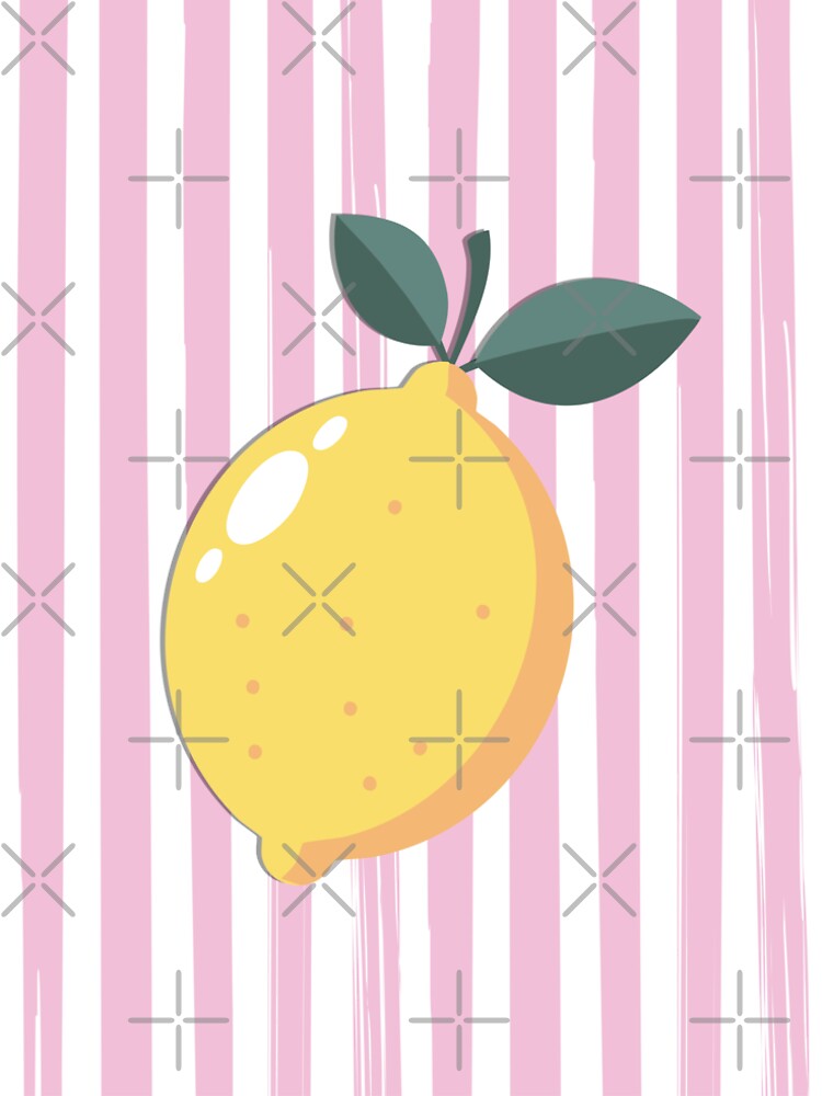 Retro Lemon on Pink Stripes – Cute Fruit Illustration, Minimalist Lemon Art Print by milesofmood