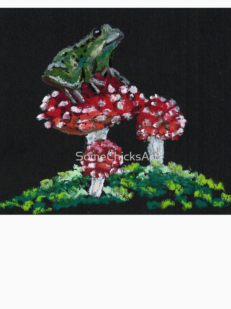 Frog on Toadstool Mushroom Oil Pastel Artwork by SomeChicksArt