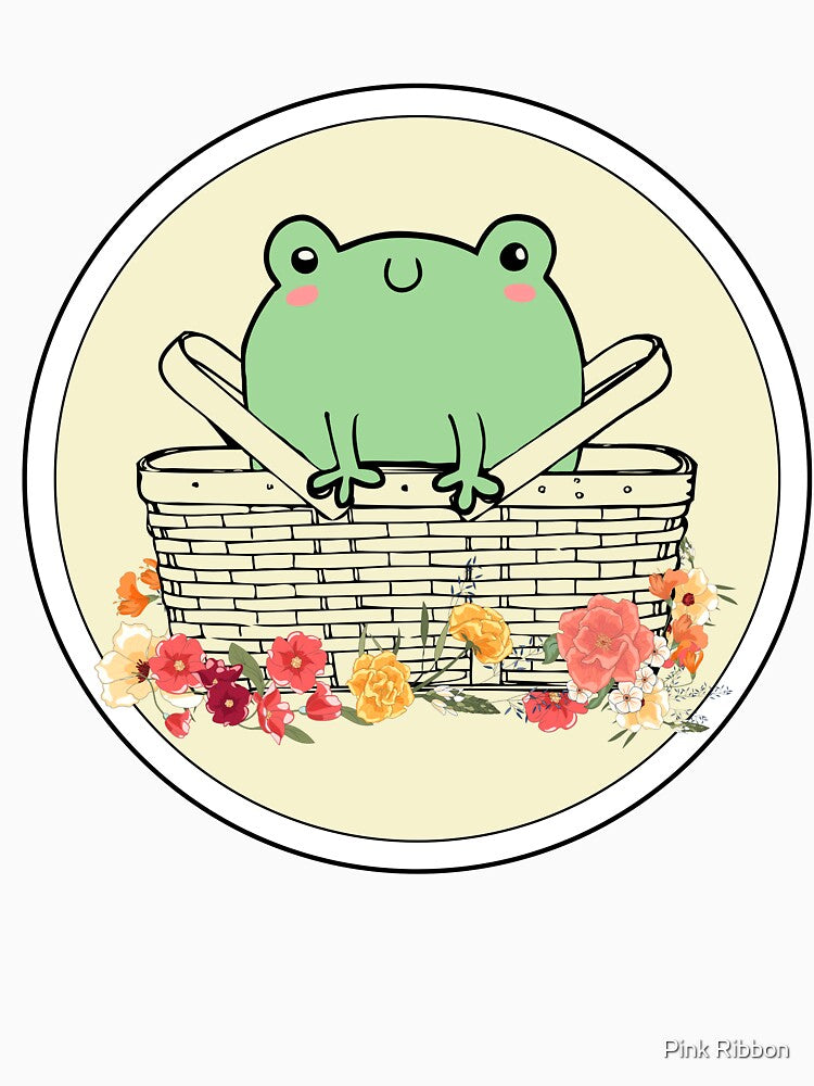 Frog In Picnic Basket With Flowers Round Badge by Pink Ribbon