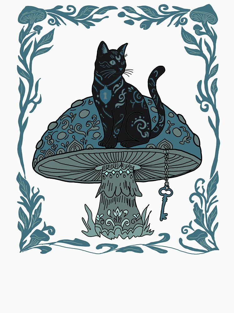 Black Cat on Magic Mushroom Whimsigoth Folk Art by LeshanArt
