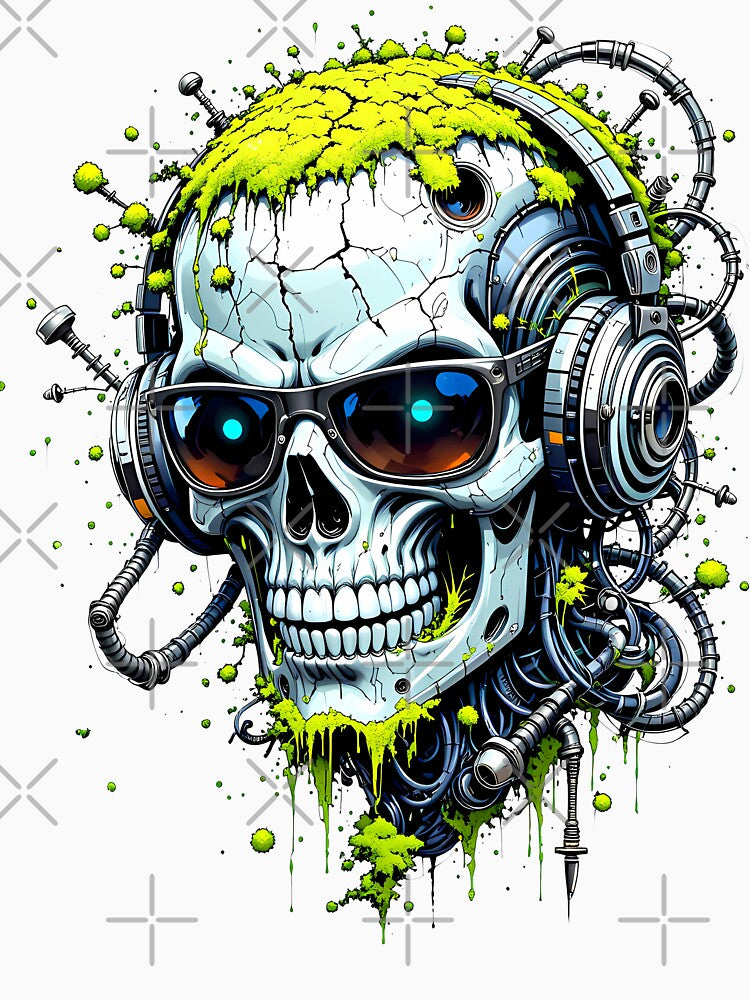 S26 Acid Cyber Skull T-Shirt - Neon Green Drip Skull, Gamer Skull, Tech Skull, Sci-Fi Rave Art, Futuristic Grunge Aesthetic, Edgy Streetwear by EC Multimedia Services