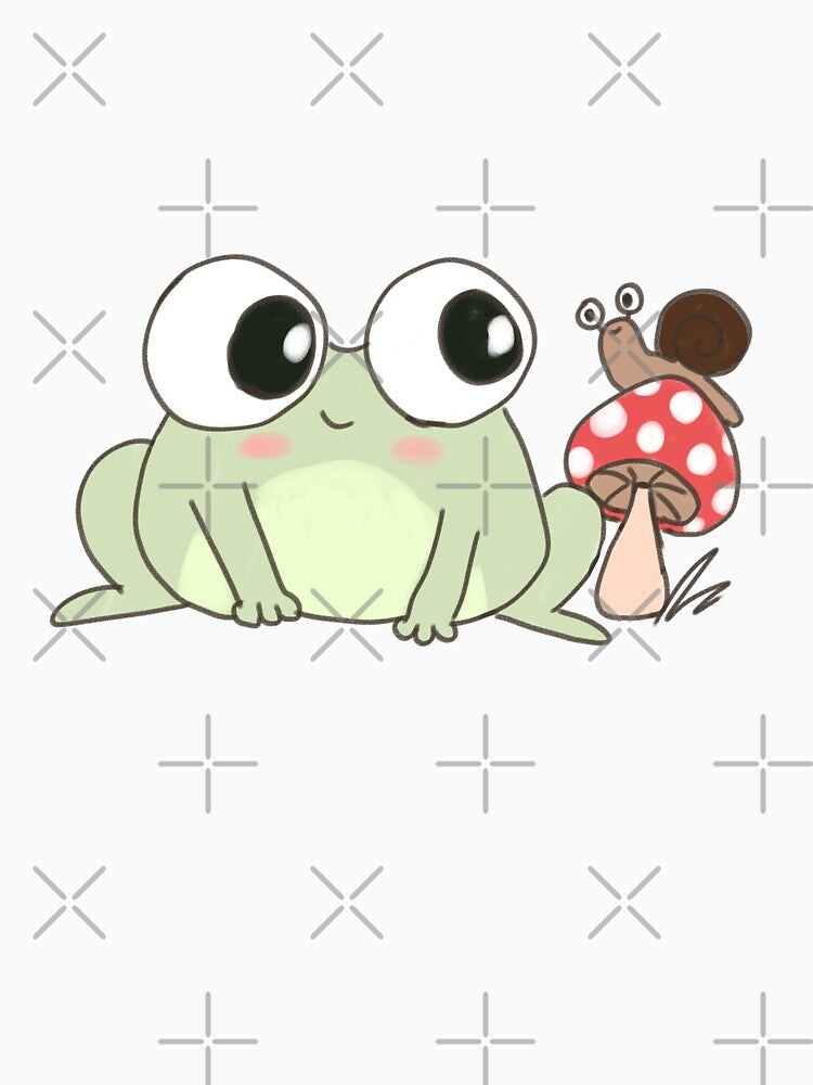 Cute cartoon frog with a snail friend on a mushroom by Yarafantasyart